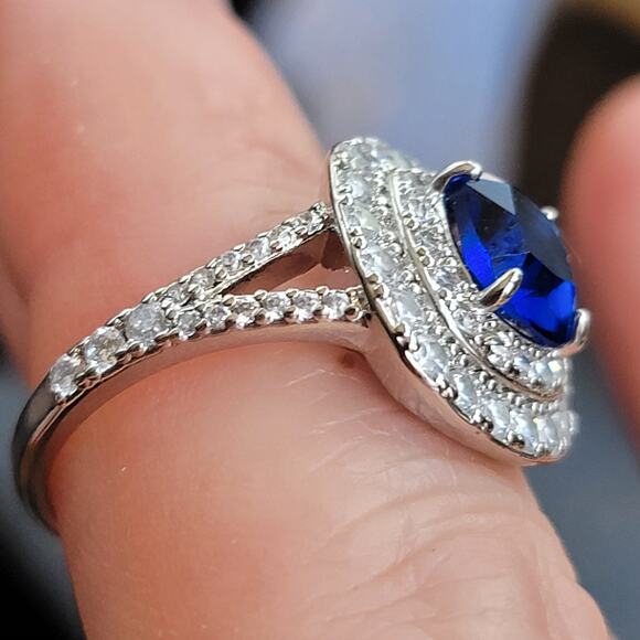 Rhodium Plated Simulated Sapphire Halo Ring - Size 7 - Double Halo Brilliance - Picture 2 of 11
